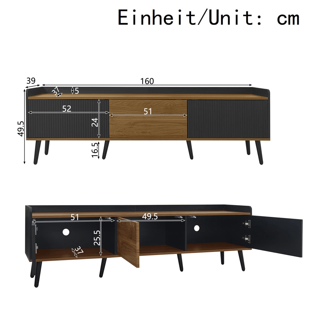 Cassettiera per TV nero e naturale in MDF e truciolare lunghezza 160 cm