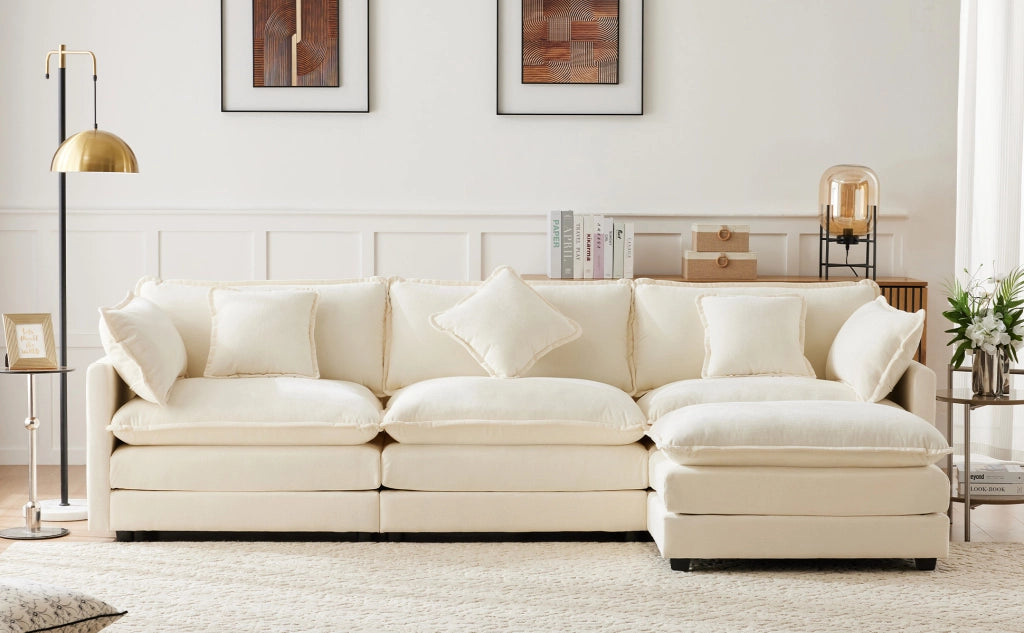 Divano angolare a 3 posti in chenille con pouf mobile e cuscini lombari per relax, beige 283 × 147 × 84 cm