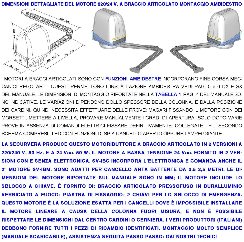 Automazione Cancello Kit Motori Braccio Articolato 24 V 2 Ante da 1 a 2,5 MT Centrale 220/24 V Faro Selettore 6 Radiocomandi 2 Fotocellule 2 Paline Accendiluci