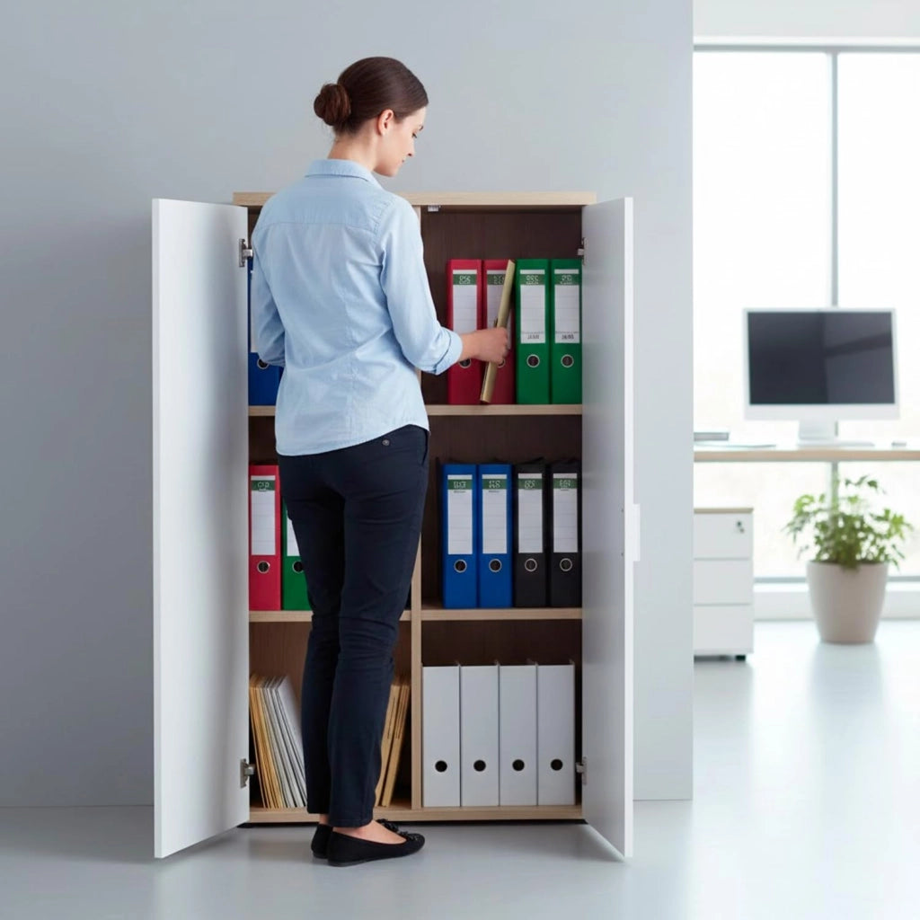Armadio Armadietto Multiuso A Due Ante Con Ripiani Regolabili Mobile Salvaspazio In Melaminico Per Casa Ufficio E Lavanderia Ingresso 80 X 119 X 33 Cm Bianco Opaco E Rovere