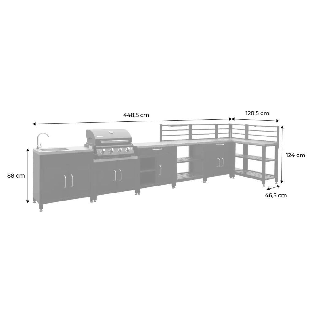 Modulo cucina da esterno con barbecue a gas a 4 bruciatori, 7 moduli,