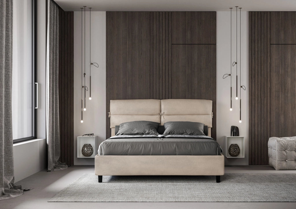 BS COM Letto matrimoniale contenitore imbottito 160x190 microfibra sabbia