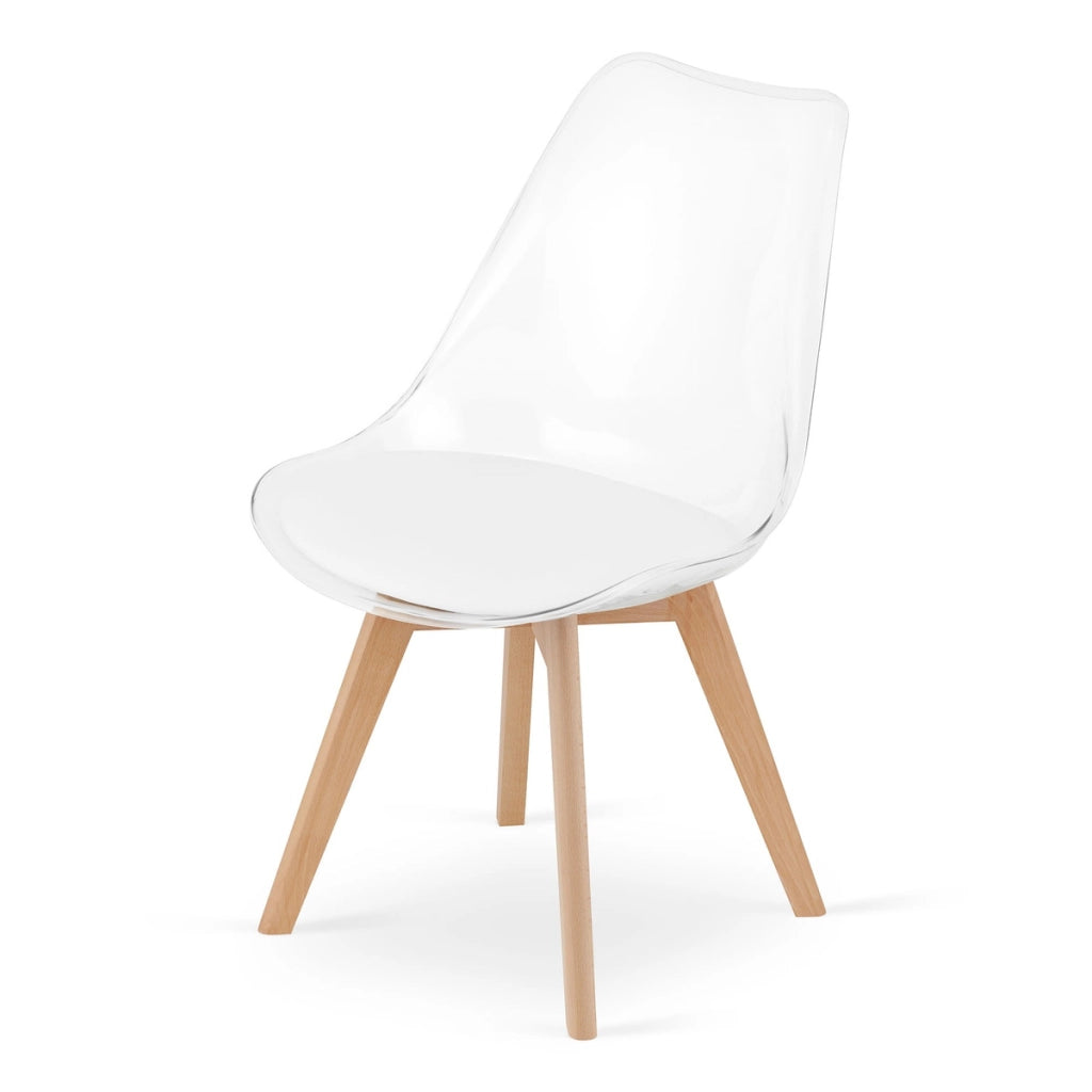 Sedia Mark trasparente con cuscino bianco e gambe in faggio