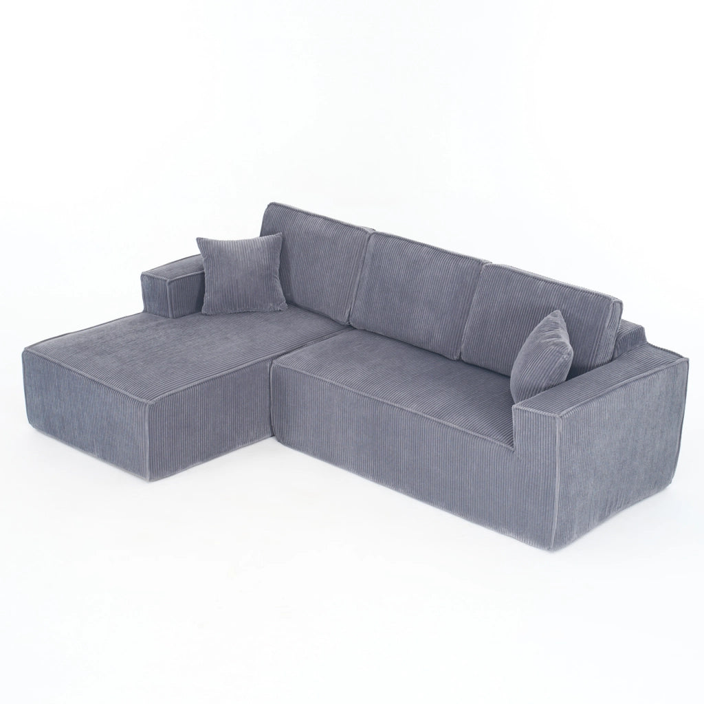 Divano Angolare 2 Posti con Chaise Longue ¨C MINIMAL ¨C Tessuto a Coste, Grigio, Morbido