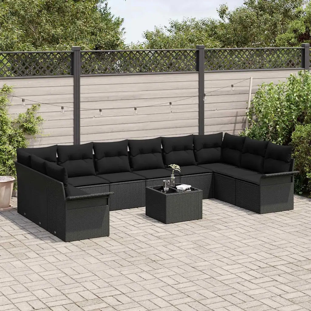 Set Divano da Giardino con cuscino 11 pcs Nero Poly Rattan