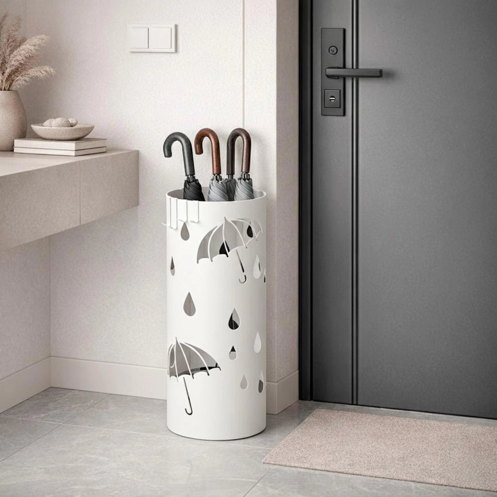 Portaombrelli Rotondo In Acciaio Zincato Design Moderno Con Vaschetta Scolapioggia Base Antiscivolo E 4 Ganci Removibili Per Ingresso Casa E Ufficio 41 X 17 Cm Bianco