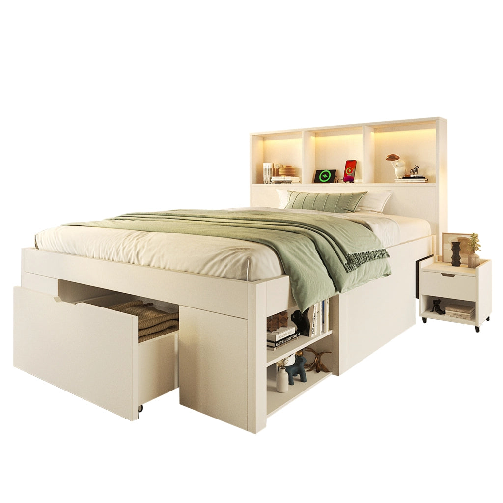 Letto Singolo con Cassetti e Comodino ¨C MINIMAL ¨C Bianco, Legno, LED, 90x200