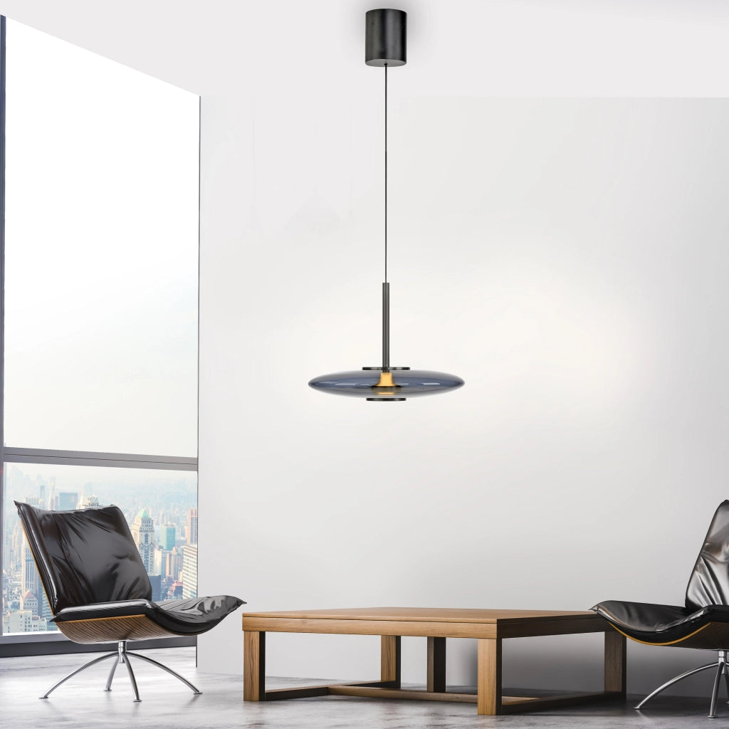 Lampada a sospensione ellisse grigia vetro LED 18W telecomando