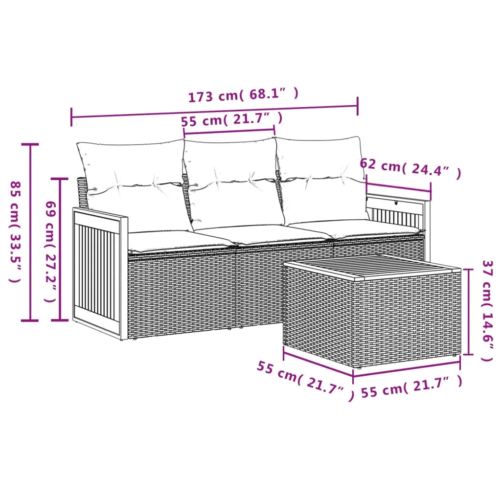 Set Divano da Giardino 4 pz con Cuscini Beige in Polyrattan