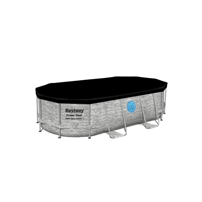 Piscina fuori terra ovale effetto rattan con oblò laterali, 427x250x100 cm con pompa filtro scaletta e copertura - Bestway