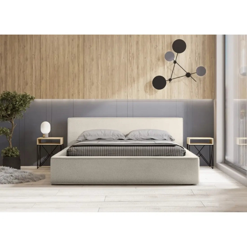 Letto contenitore VELORA – Sabbia ricciolata – 140x200 cm – Tessuto effetto lana – Rete sollevabile – Spazio di stoccaggio integrato