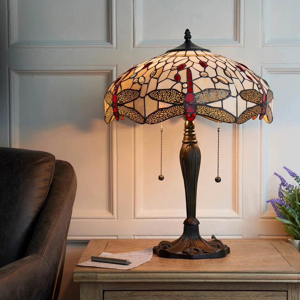 Lampada da tavolo vetrata Tiffany Dragonfly Beige 2xE27