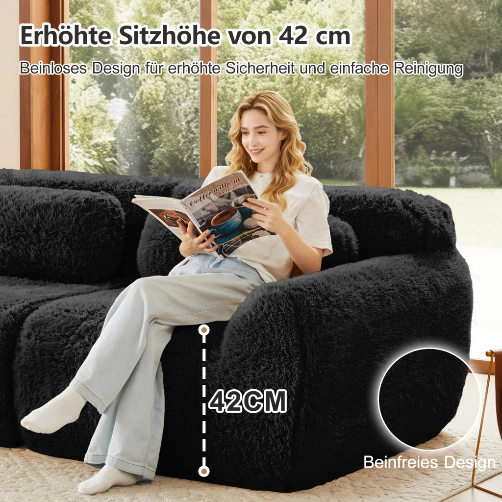 Divano Modulare 2 Posti con 2 Pouf; senza Montaggio; in Peluche; Nero