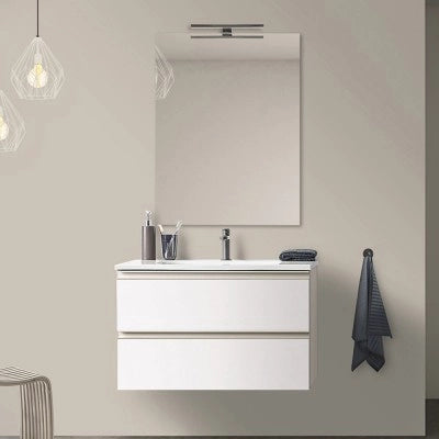 Mobile bagno sospeso 80 cm bianco opaco con lavabo e specchio tondo Master