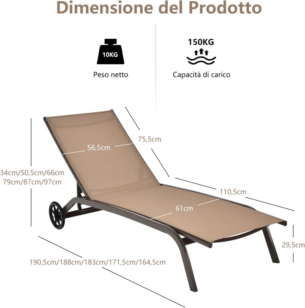 Lettino Prendisole da Giardino, Sdraio da Giardino con Ruote, Schienale Regolabile in 6 Posizioni, per Spiaggia, Piscina e Balcone, Portata 150 kg (Marrone)