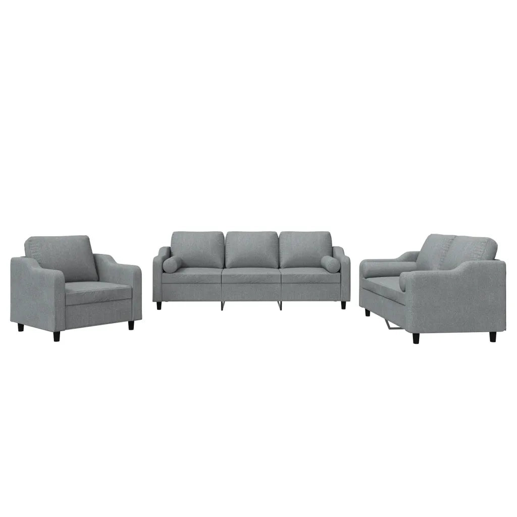 Set Divani 3 pz con Cuscini Grigio Chiaro in Tessuto