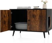 Mobile per Lettiera per Gatti, Casetta per Gatti con Divisore e 2 Ingressi a Forma di Testa di Gatto, Tavolino in Legno Versatile per Salotto, 80 x 50 x 57 cm, Marrone e Nero