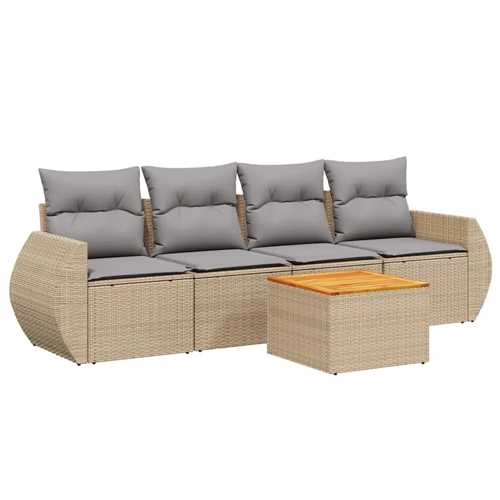 Set Divano da Giardino 5 pz con Cuscini Beige in Polyrattan