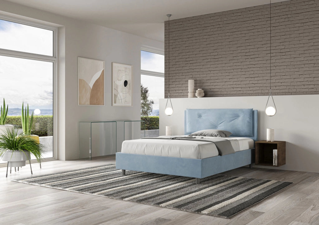 BS COM Letto matrimoniale francese senza rete imbottito 140x200 microfibra azzurro Large