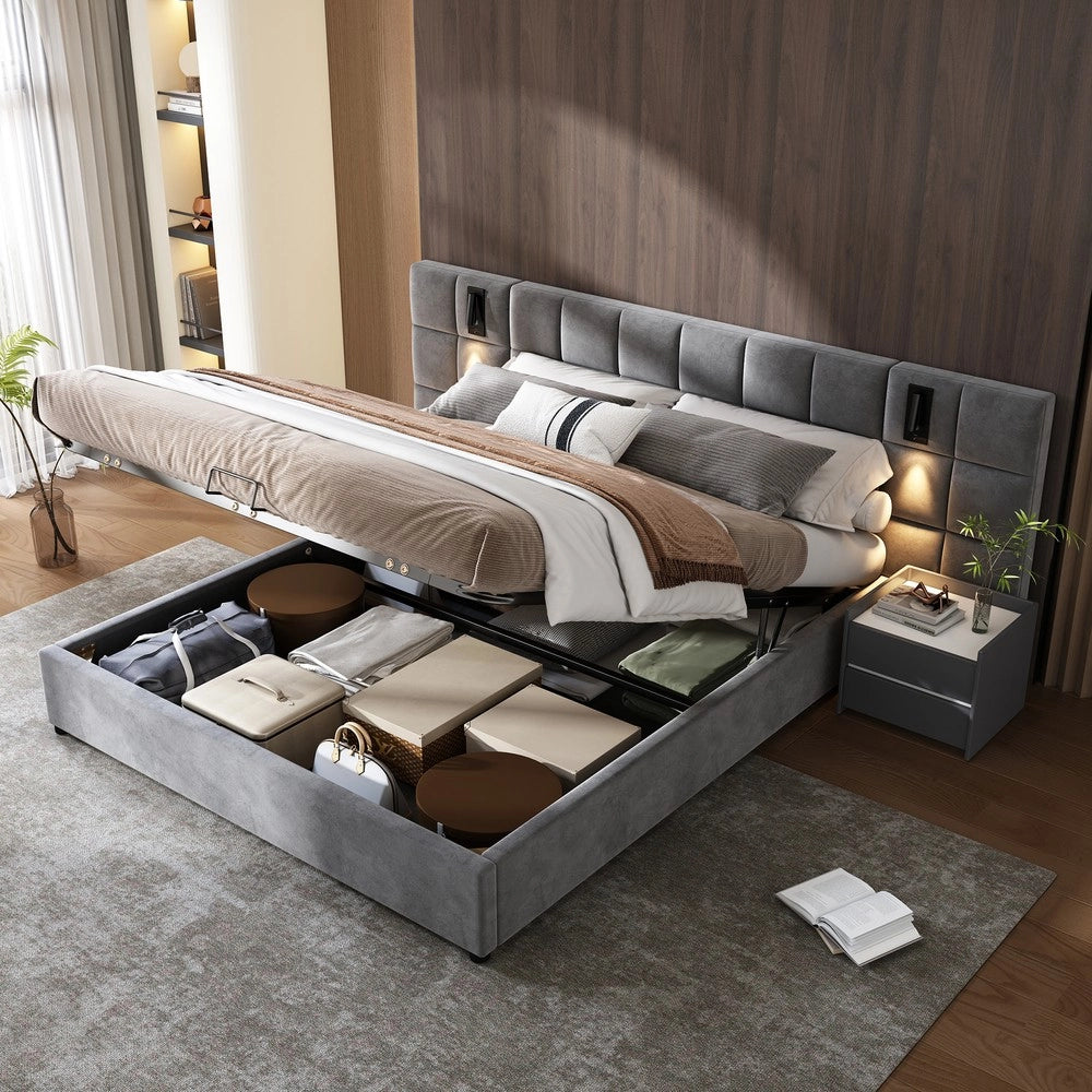 Letto Contenitore Imbottito con LED e USB ¨C Xylo ¨C Velluto Grigio 180x200