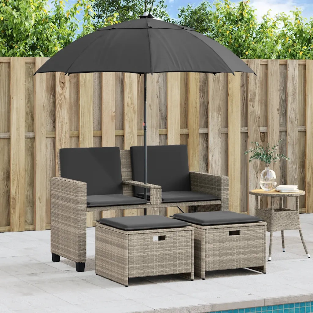 Divano 2Posti Ombrellone e Sgabelli Grigio Chiaro Polyrattan 365888