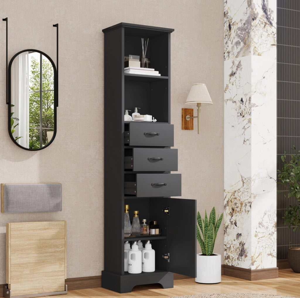 Mobile bagno 38x26x172.5 cm con cassetti e ripiani regolabili in MDF nero
