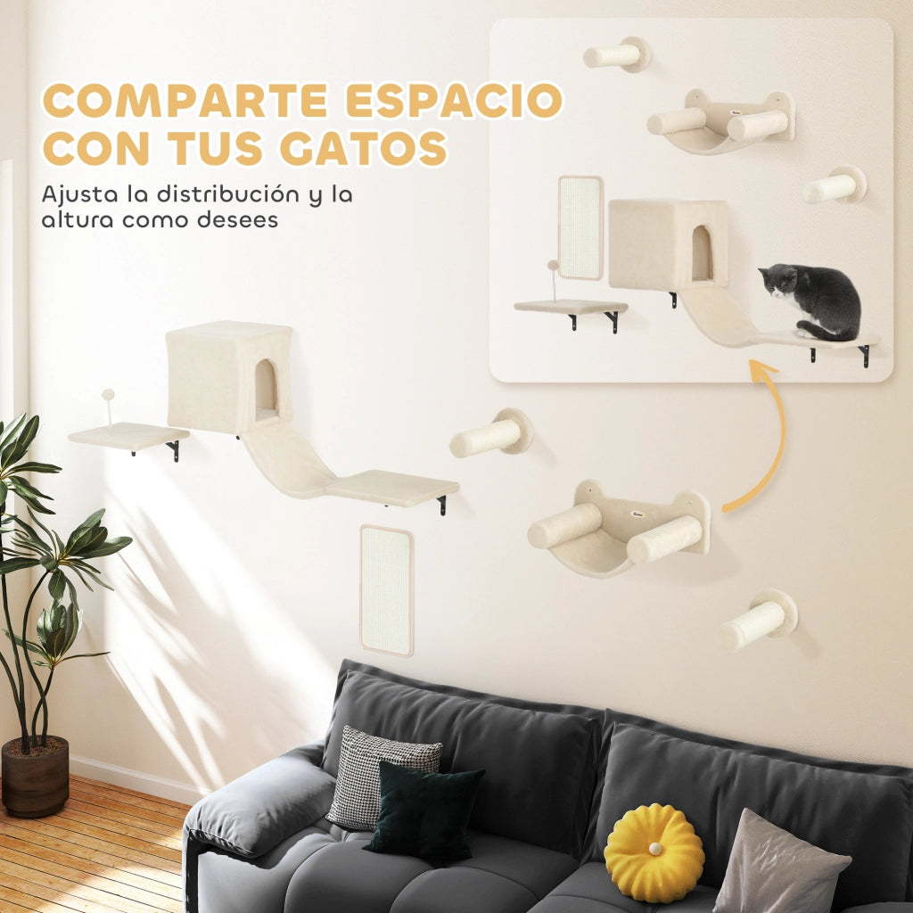 Gioco per Gatti a Parete con Piattaforma, Amaca e Graffiatoio ¨C Minimal ¨C Beige