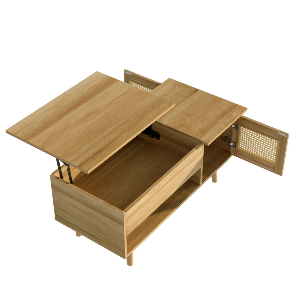 OKWISH Tavolino da Salotto Rettangolare con Piano Sollevabile e 2 Ante Effetto Rattan, per Soggiorno, in Truciolare, 103 x 50 x 46 cm