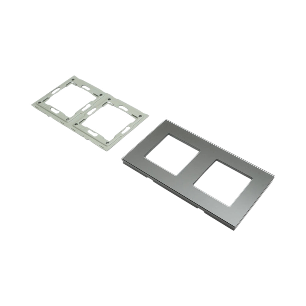 Cornice doppia in vetro nero per presa e interruttore 86x157 mm
