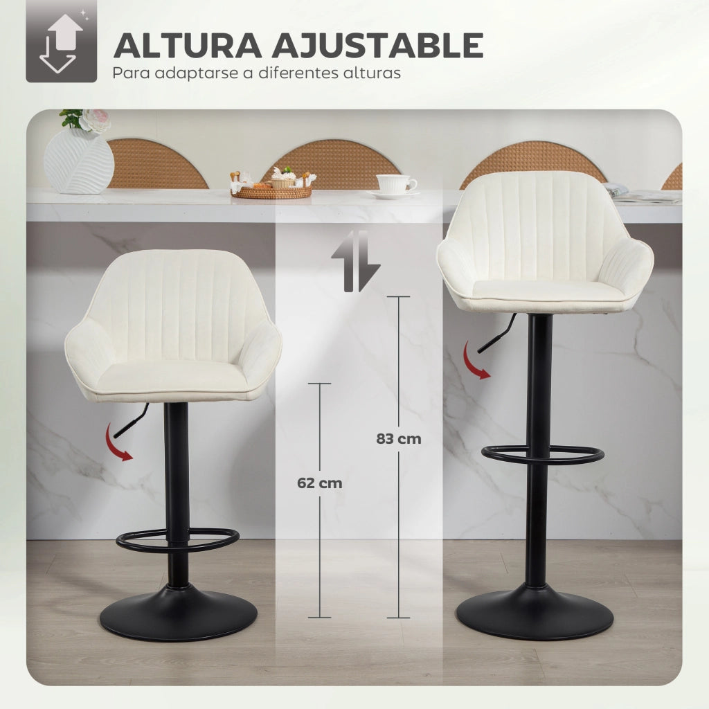 Set di 2 sgabelli da bar girevoli regolabili in altezza ¨C zephmum ¨C velluto crema con schienale e poggiapiedi 62-83 cm