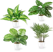 Set di 4 piante artificiali tropicali (25 cm) in vasi ceramici bianchi: comprensivo di piante artificiali Monstera e Areca palm | Piante artificiali in vasi | Nep plant | Fiori artificiali in vasi