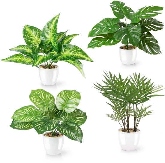 Set di 4 piante artificiali tropicali (25 cm) in vasi ceramici bianchi: comprensivo di piante artificiali Monstera e Areca palm | Piante artificiali in vasi | Nep plant | Fiori artificiali in vasi