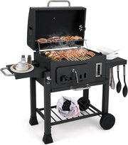 Barbecue a Carbone da Esterno con Ruote, Barbecue a Carbone Portatile con 2 Tavolini Pieghevoli, Vassoio del Carbone Regolabile a 6 Livelli e Ripiano di Stoccaggio, per Campeggio, Picnic