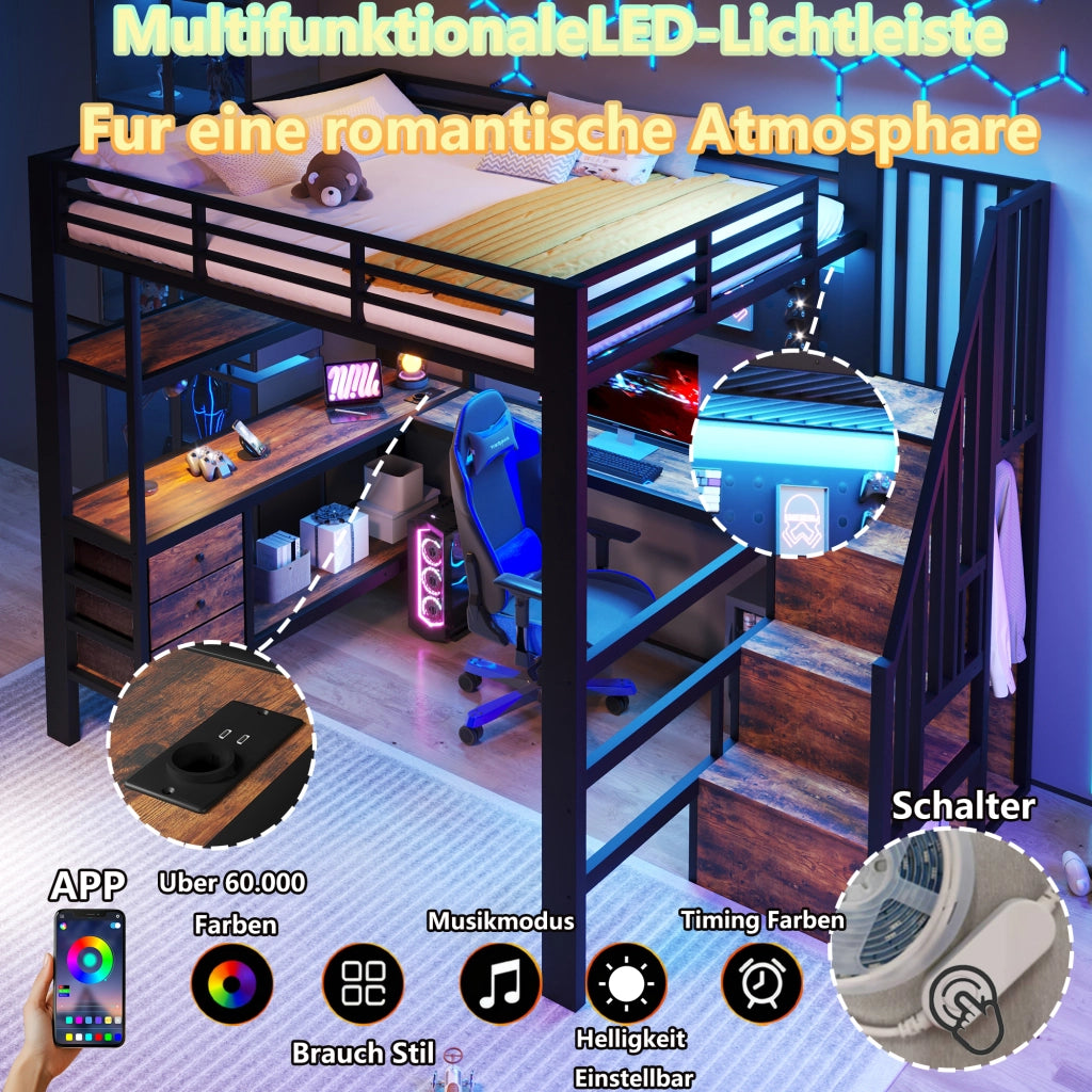 LETTO a soppalco 140x200 cm in metallo e MDF nero con scrivania