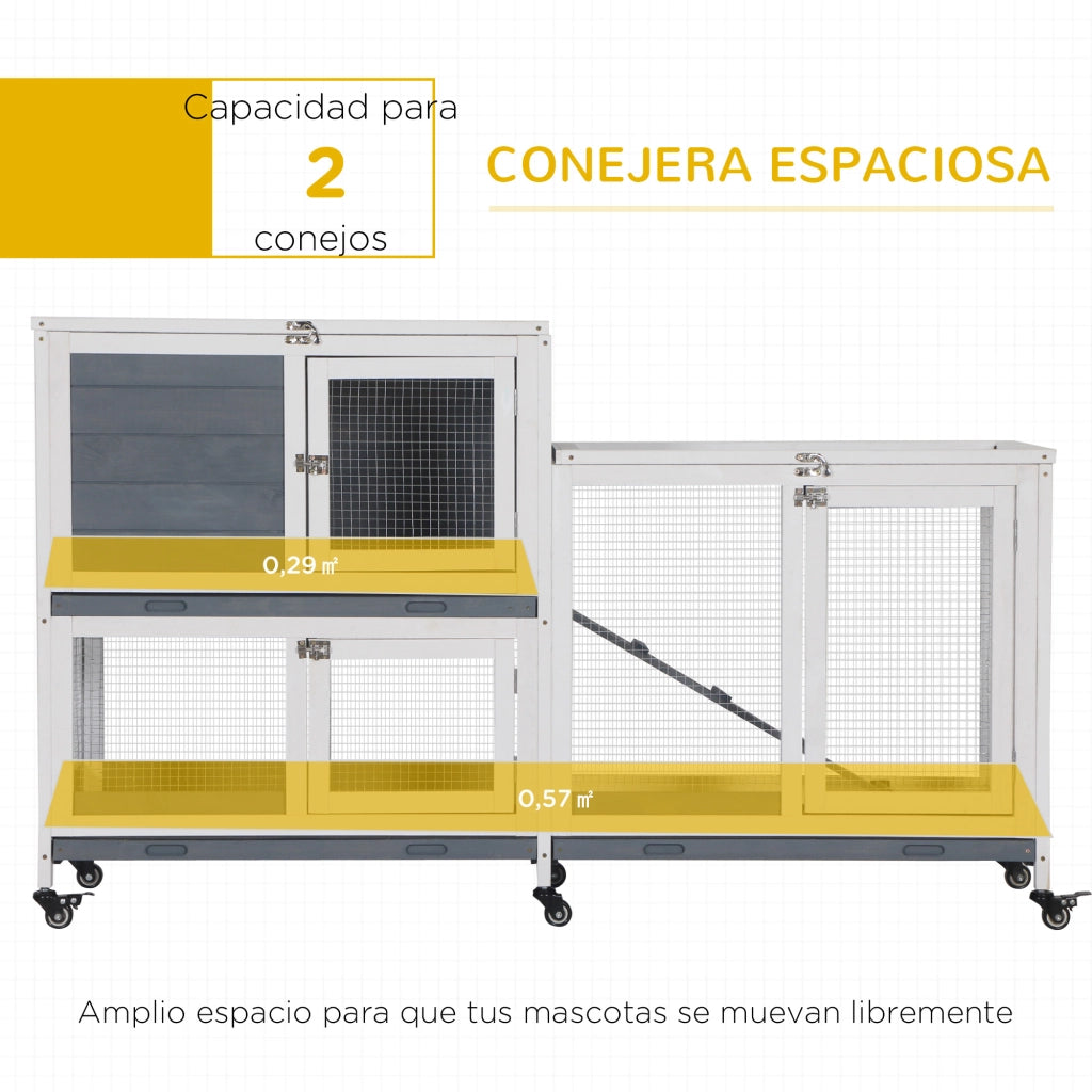 Gabbia per Conigli a 2 Livelli in Legno con Ruote ¨C Minimal ¨C 147x45,5x88,5 cm Grigio