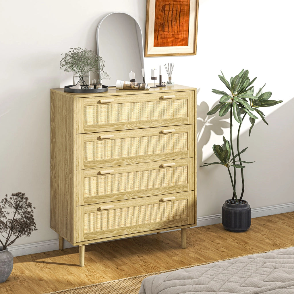 Cassettiera 4 cassetti in legno e tessuto effetto rattan stile boho ¨C Xylo ¨C 90x45x108,5cm naturale