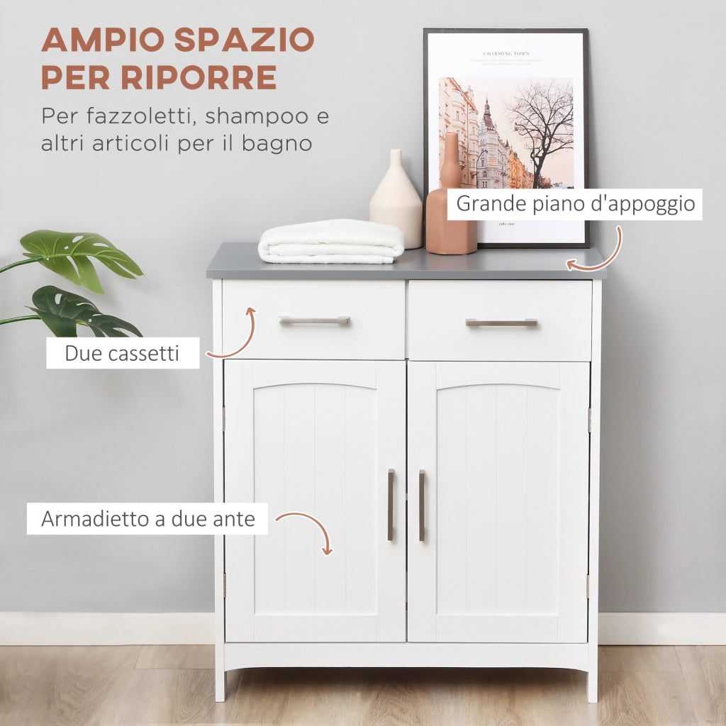 Mobiletto Bagno con 2 Ante, 2 Cassetti e Ripiano Regolabile, in MDF, 68x33x76cm