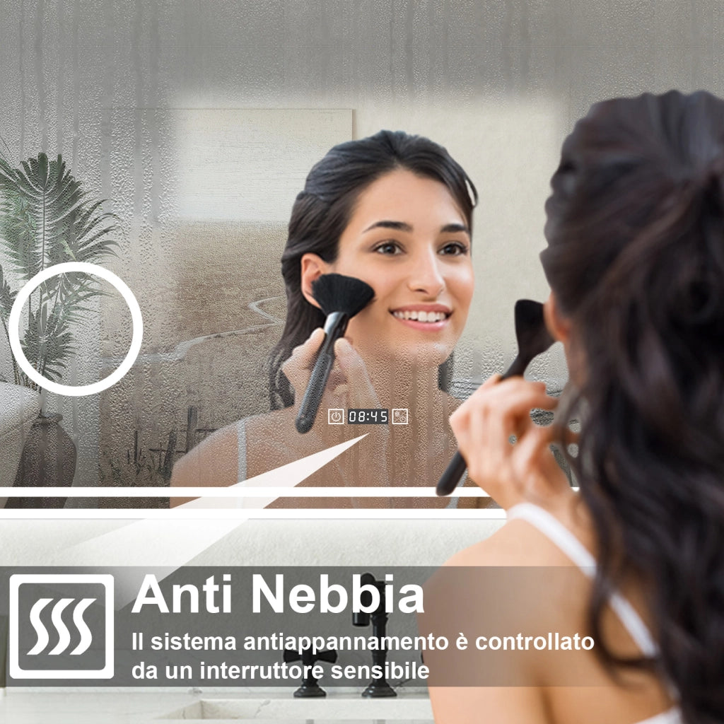 Specchio bagno Rettangolare 100x60cm Led Con 3 Luci + 3X Lente d'ingrandimento + Orologio + Antiappannamento