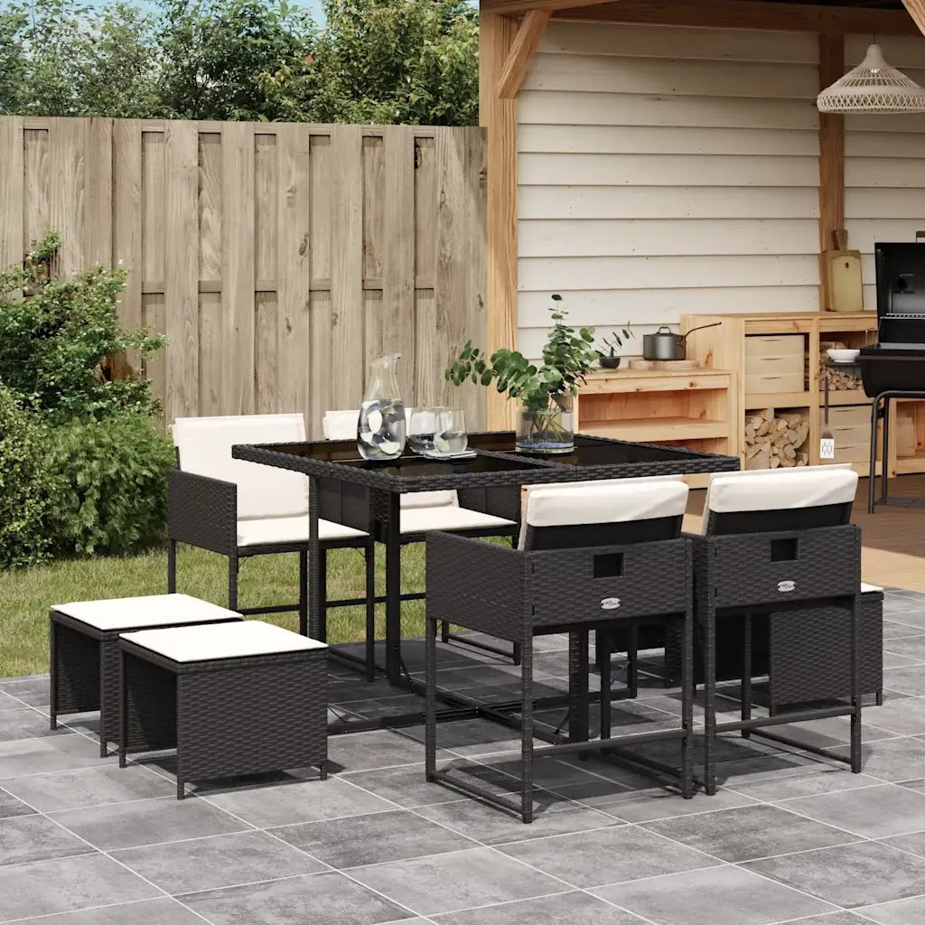 Set da Pranzo da Giardino 9 pz con Cuscini Nero in Polyrattan
