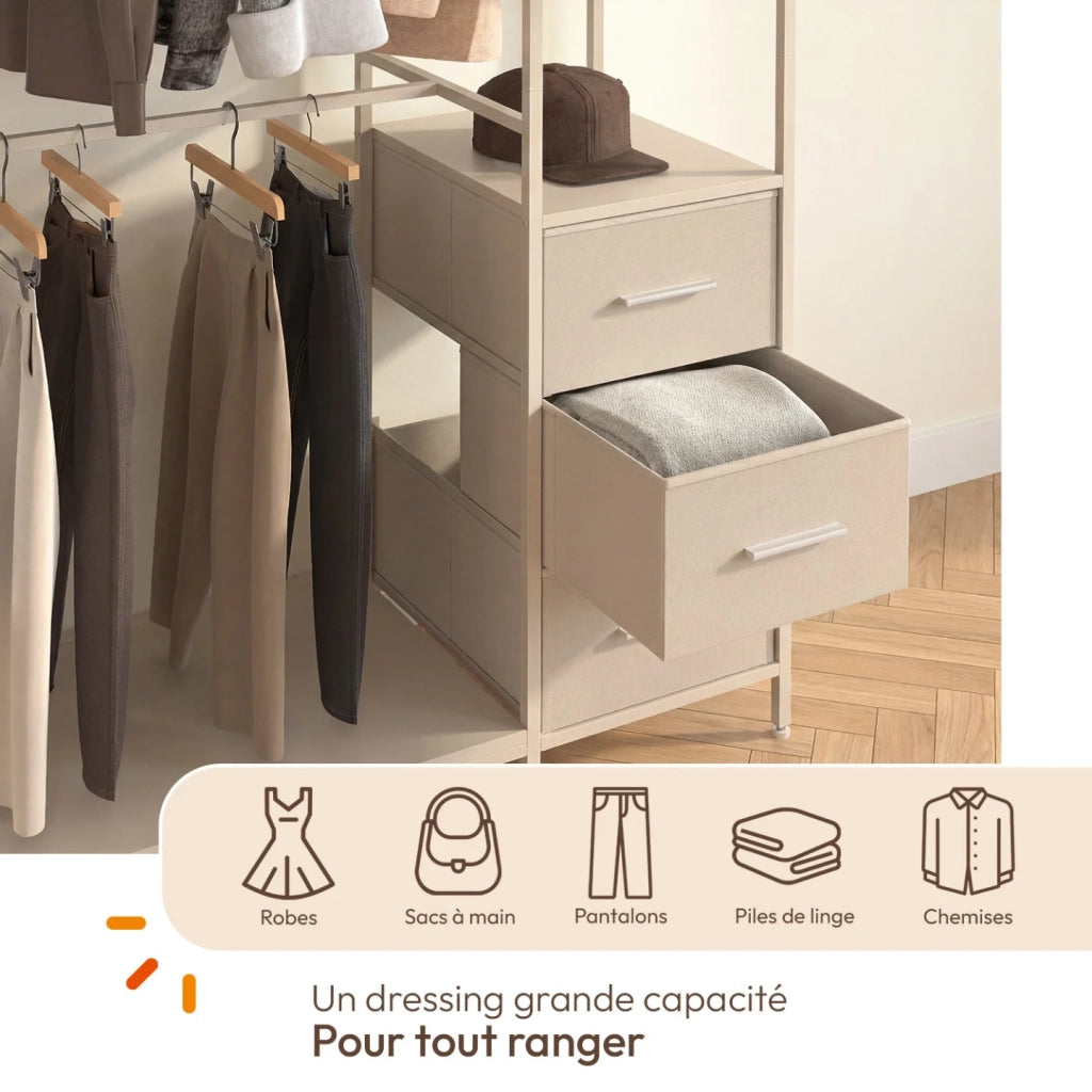IDMarket - Armadio doppio UTAH + colonna doppia L. 140 cm con 6 ripiani e 6 cestini in tessuto beige