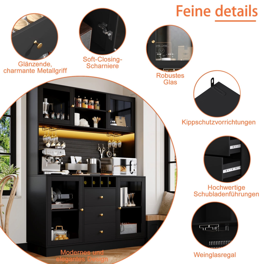 Armadio Alto da Cucina con Luce LED, Ripiani e Portabottiglie ¨C Xylo ¨C Nero