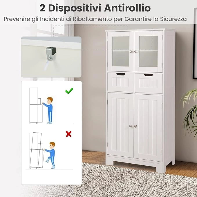 Armadio da Terra con 4 Ante, Mobile da Bagno con 2 Ante in Vetro 2 Cassetti e Ripiani Regolabili, Armadio Multifunzionale per Bagno e Soggiorno, 60x30x128cm (Bianco)
