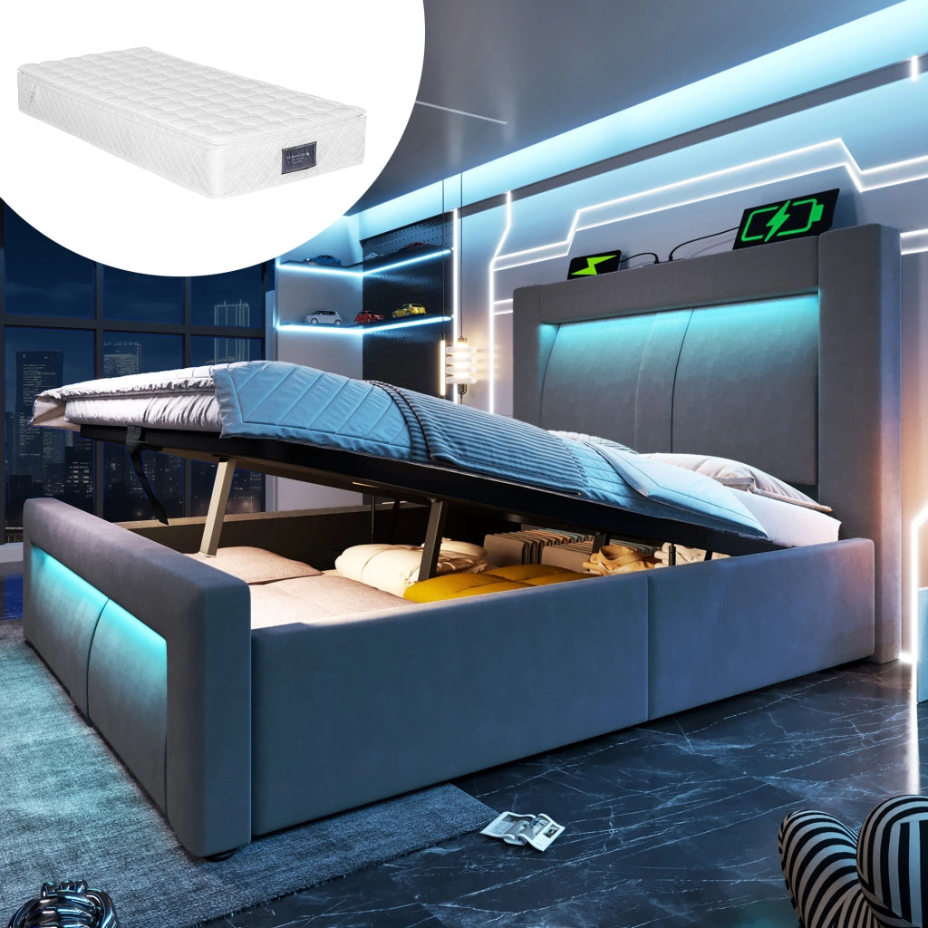 Letto imbottito idraulico con luci LED e porta USB 90x200 cm velluto grigio