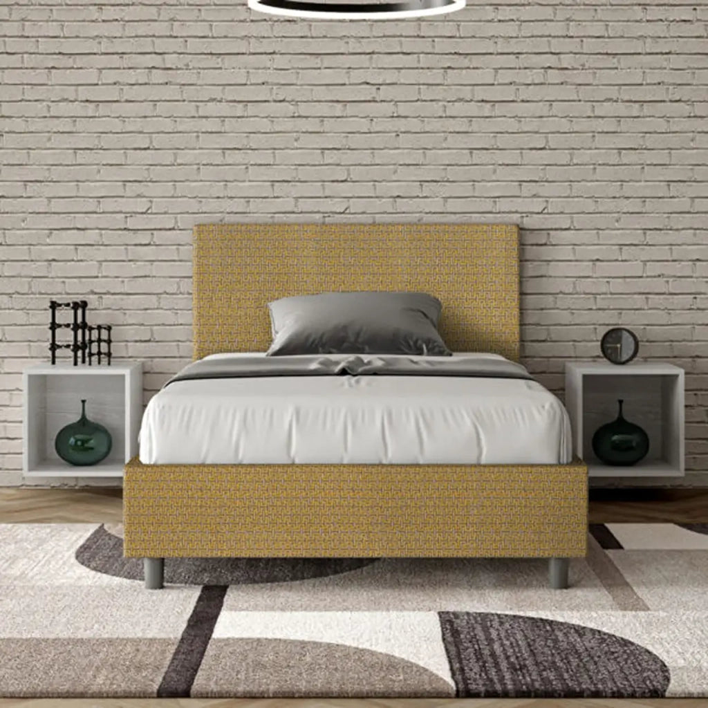 Letto una piazza e mezza contenitore imbottito 120x190 tessuto Labirinto 6 giallo Adele