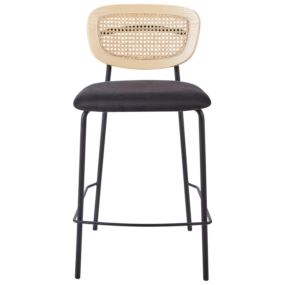 Set di 2 sedie da bar Rivestimento in poliestere nero Schienale in rattan naturale a treccia viennese Gambe in metallo nero Sgabelli senza braccioli