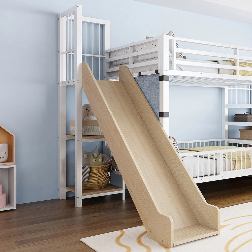 Letto a castello in metallo con scivolo e scala - Zephmum - 90x200 cm - Bianco - Con ripiani integrati e porta di sicurezza