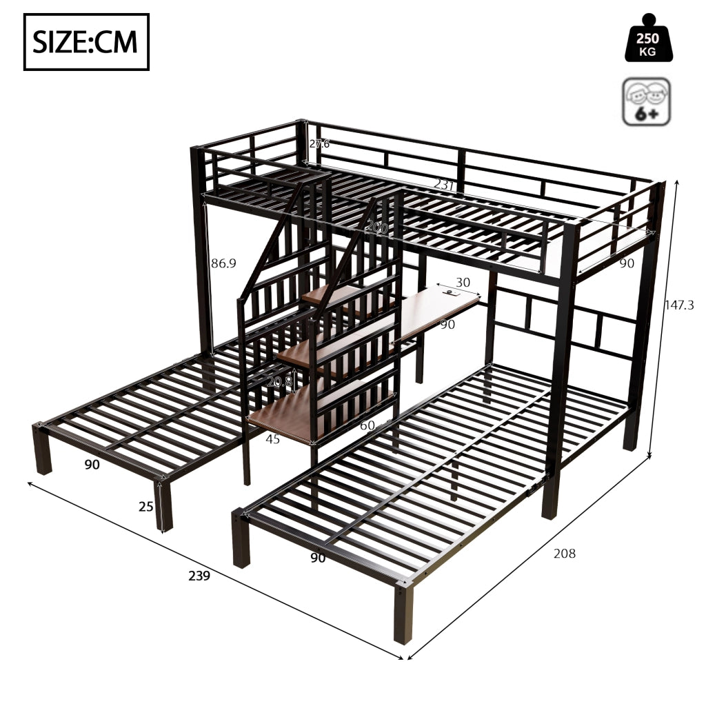 Letto a castello 90x200 cm - Zephmum- 3 posti, LED, scrivania, scaffale, USB, nero