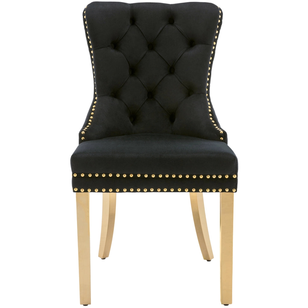 Sedia da Pranzo Imbottita in Velluto ¨C Xylo ¨C Nero/Oro, Schienale con Anello, Gambe in Acciaio Dorato, Set 6
