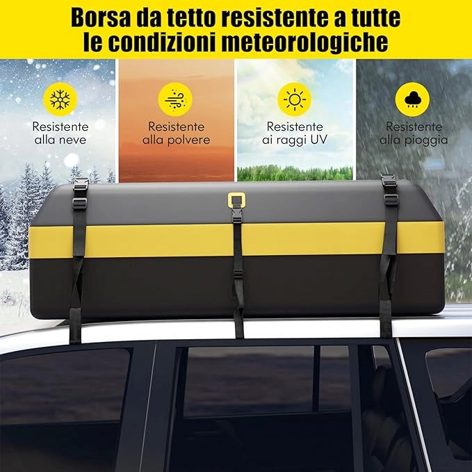 Borsa da Tetto Auto Impermeabile, Box da Tetto per Bagagli per Tutti i Veicoli Con/Senza Portapacchi, con Tappetino Antiscivolo, 10 Cinghie e 6 Ganci (Modello 1)