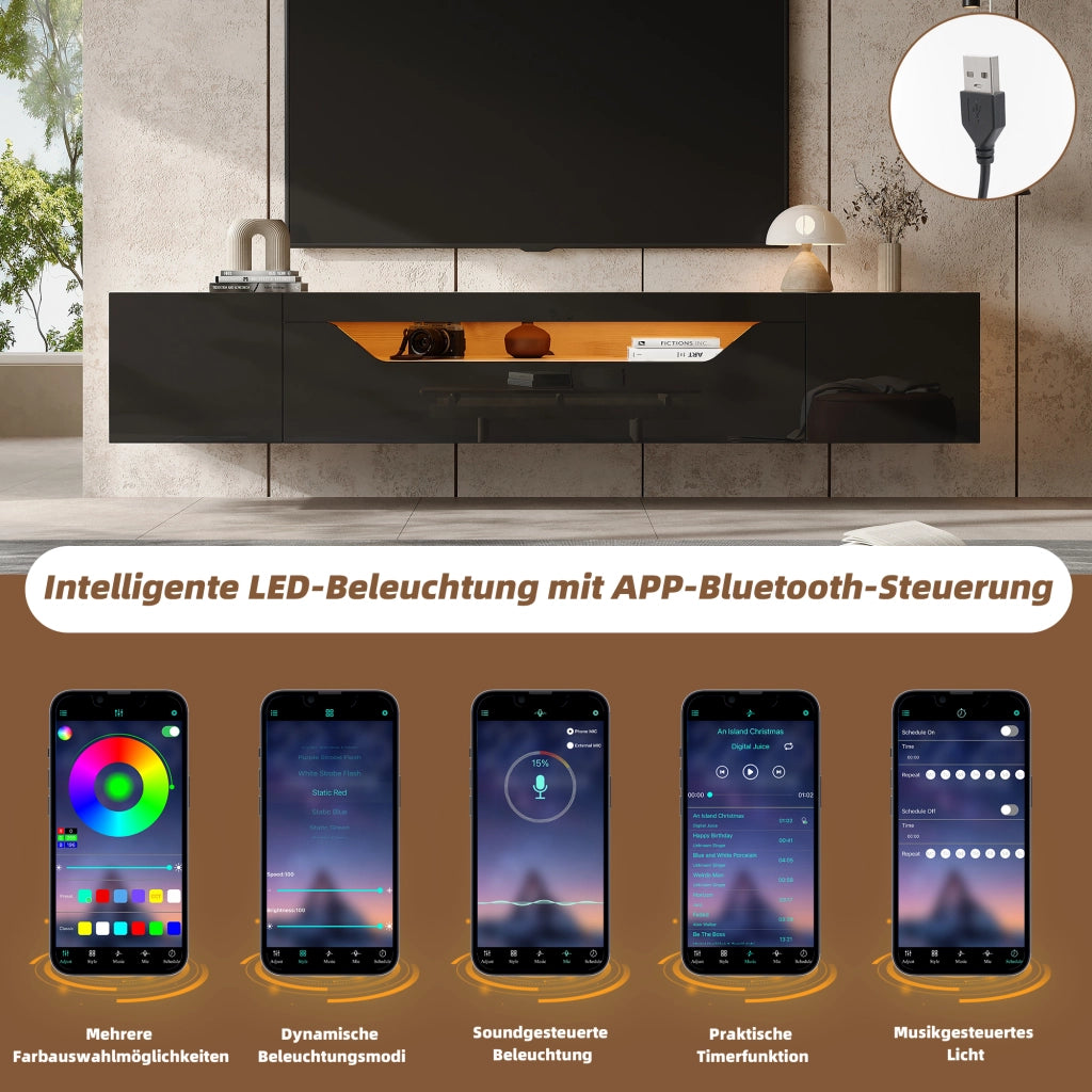 Cassettiera per TV beige e nero in truciolare; lunghezza 180 cm